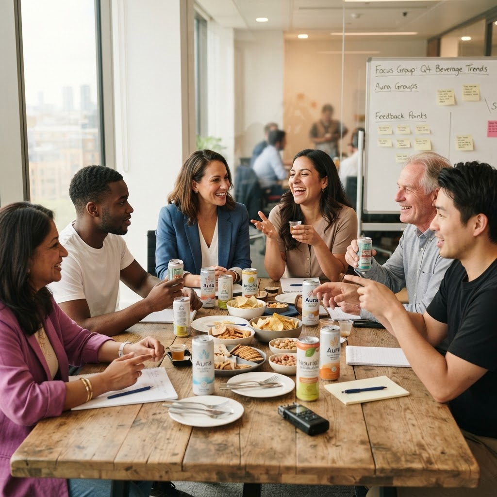 A group of people tasting food and beverage products around a table in a meeting room