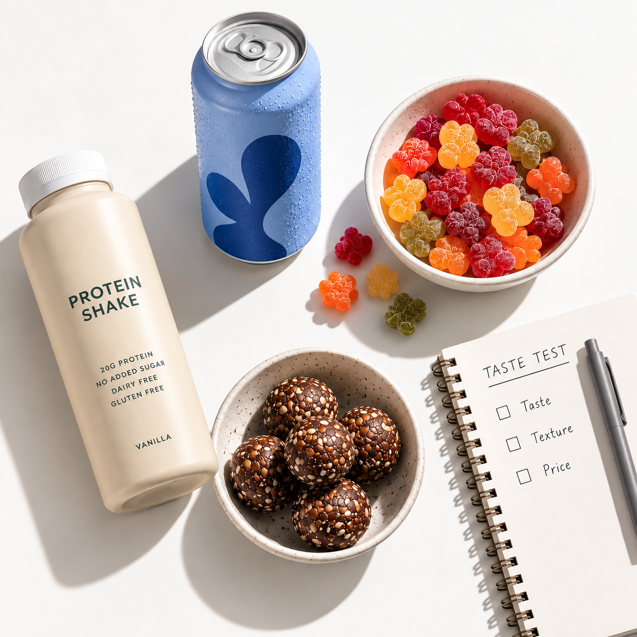 An energetic overhead spread of new food and beverage products ready to taste
