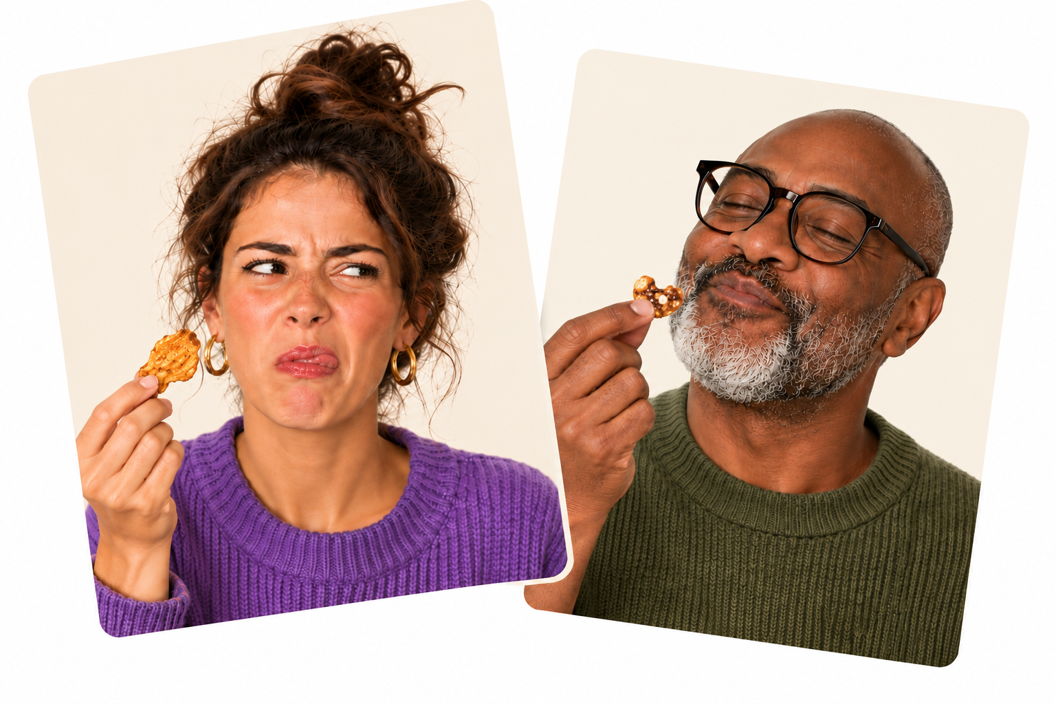 Two tasters reacting to a snack — one skeptical, one delighted